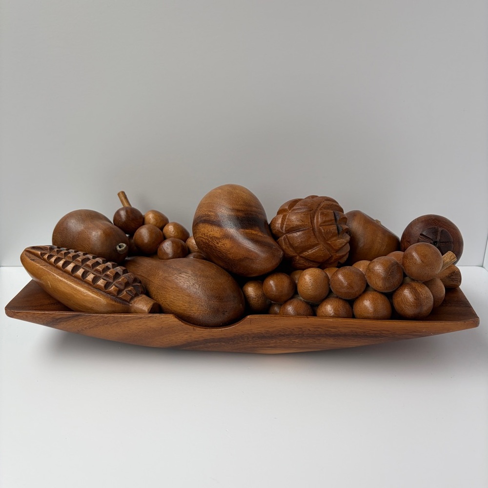 VTG Monkeypod Fruit Set Mixed Wood Faux Fruit Wooden Centerpiece Boho MCM Props